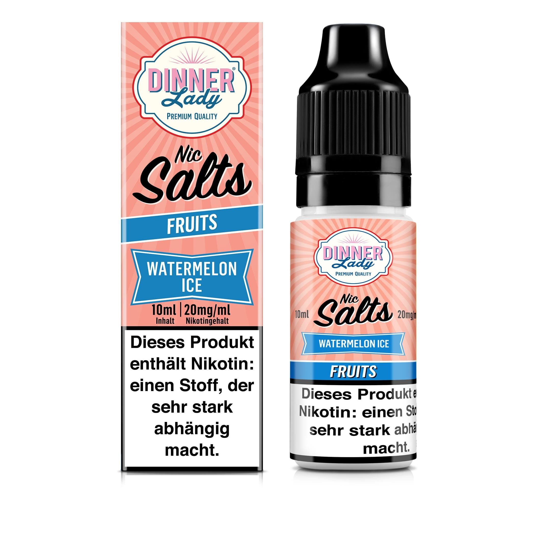 Liquid Watermelon Ice von Dinner Lady Dinner Lady Nikotinsalz Watermelon Ice mit 10ml Inhalt und 20mg/ml Nikotingehalt, Verpackung und Flasche mit Warnhinweis auf Nikotin.