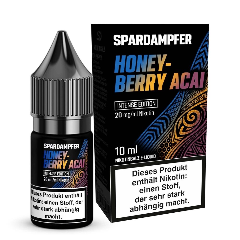 Spardampfer-Nikotinsalz-Honeyberry-Acai-20mg.jpg Spardampfer Intense Nikotinsalz-Flasche und Verpackung mit Aufschrift Honeyberry Acai 20mg, Sicherheitswarnung sichtbar.