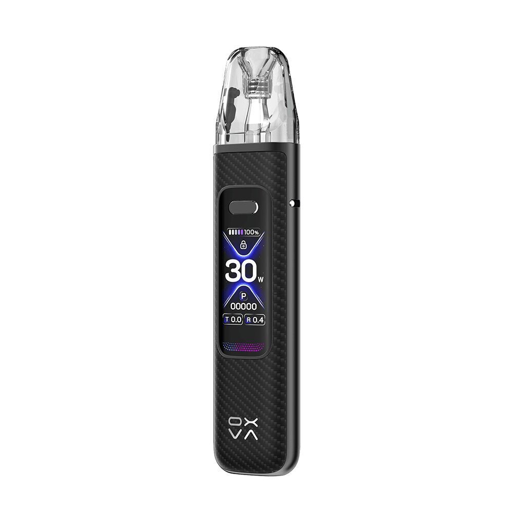 Oxva Xlim Pro 3 Pod Kit - Black Carbon Oxva Xlim Pro 3 Pod Kit in Schwarz und Carbon-Look mit sichtbarem Display, das "30W" zeigt und ein transparentes Mundstück hat.