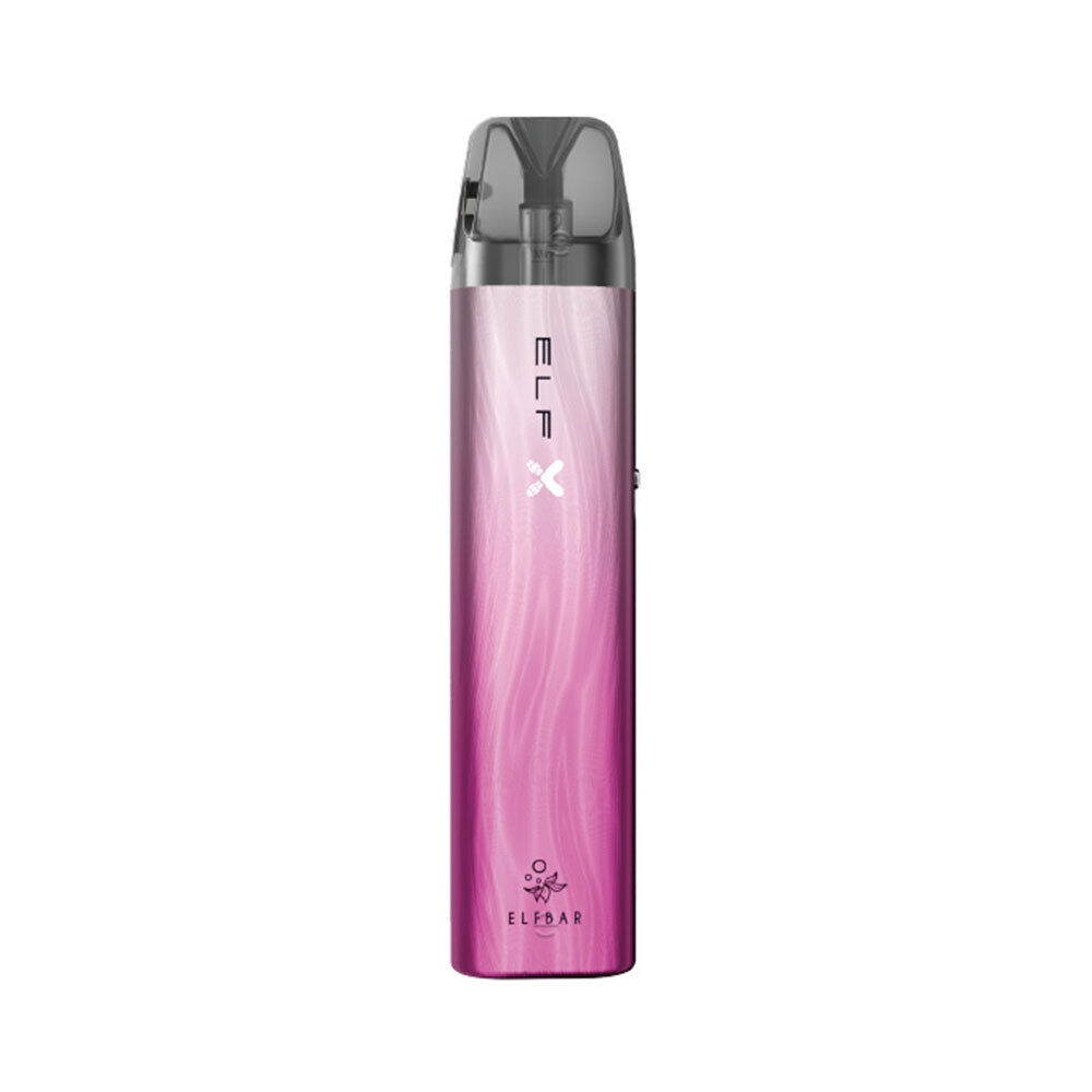 Elfbar Elfx Refillable Pod Kit Elfbar Elfx Pod Kit in Silber-Pink mit wellenförmigem Muster und transparentem Mundstück, Markenlogo unten auf dem Gerät sichtbar.