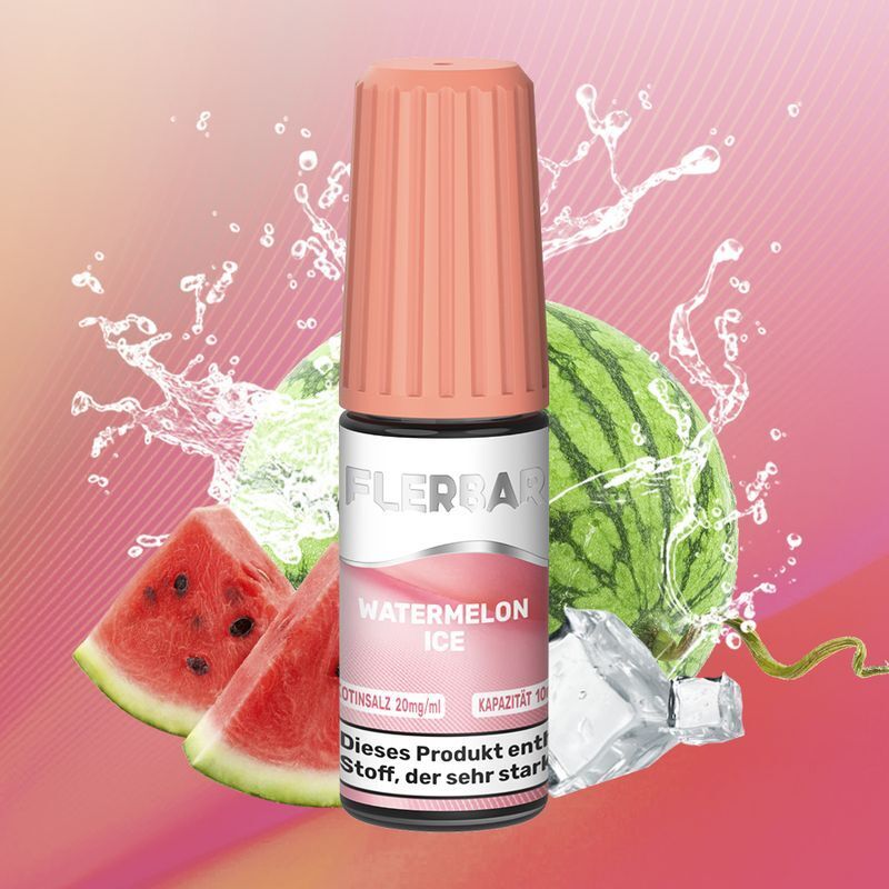Liquid Watermelon Ice von Flerbar Flerbar Nikotinsalz Watermelon Ice 20mg Flasche vor Wassermelonen, Eiswürfeln und spritzendem Wasser auf pinkem Hintergrund.