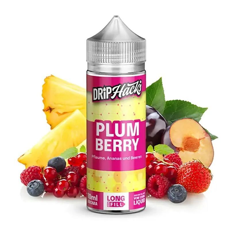 Aroma Plum Berry von Drip Hacks Drip Hacks Aroma - Plum Berry Flasche mit Pflaumen, Ananas, Erdbeeren und Beeren im Hintergrund, Etikett in Pink und Gelb