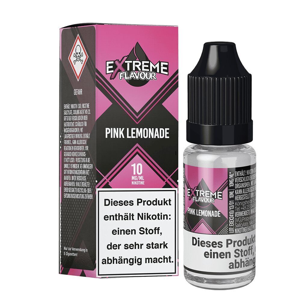 Liquid Pink Lemonade 10mg - Extreme Flavour Flasche und Verpackung von Extreme Flavour Nikotinsalz Pink Lemonade, 10 mg/ml Nikotin, mit Warnhinweis zur starken Abhängigkeit.