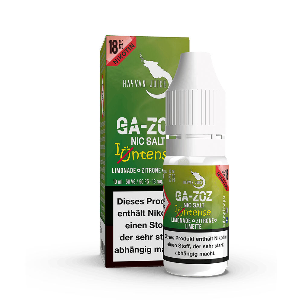 Hayvan Juice Nikotinsalz - Gazoz 18mg Hayvan Juice Gazoz Nikotinsalz 18mg, grüner Karton und weiße Flasche mit Zitronen-Limetten-Design und Nikotin-Warnhinweis.