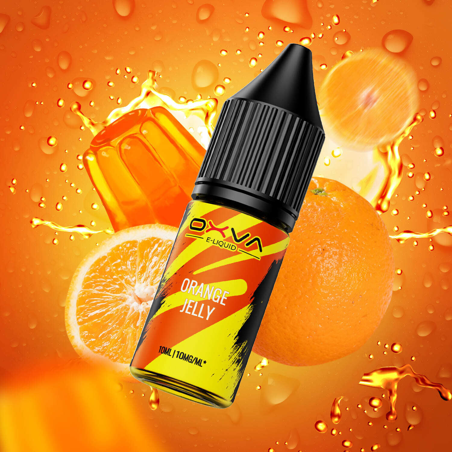 Oxva Nikotinsalz - Orange Jelly 10mg Oxva E-Liquid Flasche mit "Orange Jelly" Aufschrift vor spritzendem Orangenwackelpudding und Scheiben auf orangefarbenem Hintergrund.