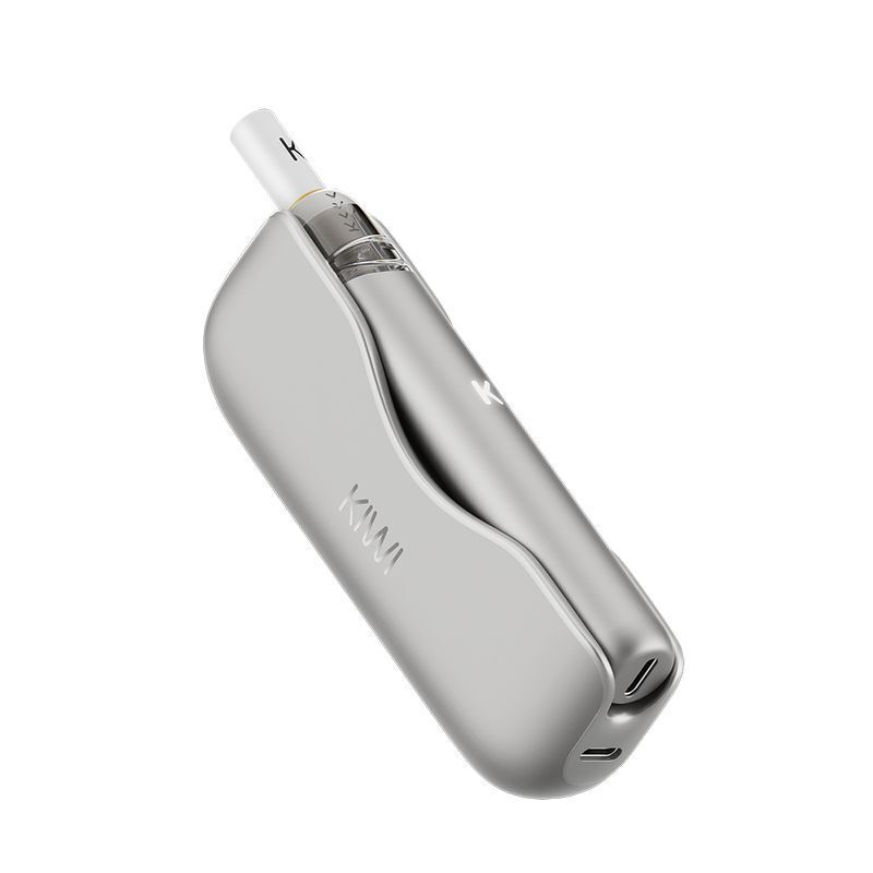 Silbernes Kiwi 2 Pod Kit Nimbus Cloud mit rundem Mundstück und sichtbarem Liquid-Tank, markiert mit dem Logo "Kiwi"