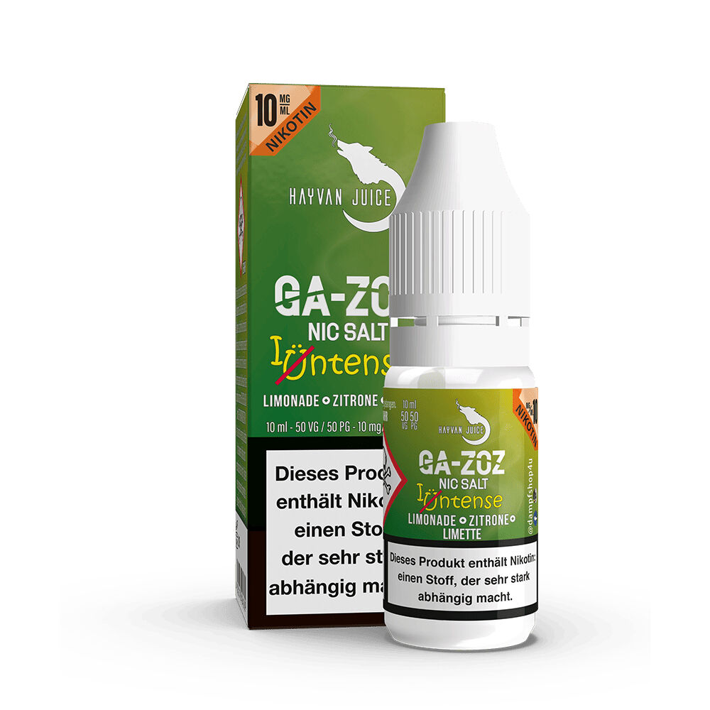 Hayvan Juice Nikotinsalz - Gazoz 10mg Hayvan Juice Nikotinsalz-Flasche und Verpackung, Gazoz-Geschmack mit Zitronen-Limonade, 10mg, Warnhinweise auf Verpackung sichtbar