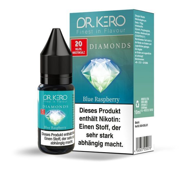 Liquid Blue Raspberry von Dr. Kero Diamonds v2 Flasche und Packung Dr. Kero Diamonds Nikotinsalz Blue Raspberry 20mg, 10ml, mit blauem Diamant-Design und Warnhinweis auf der Verpackung.