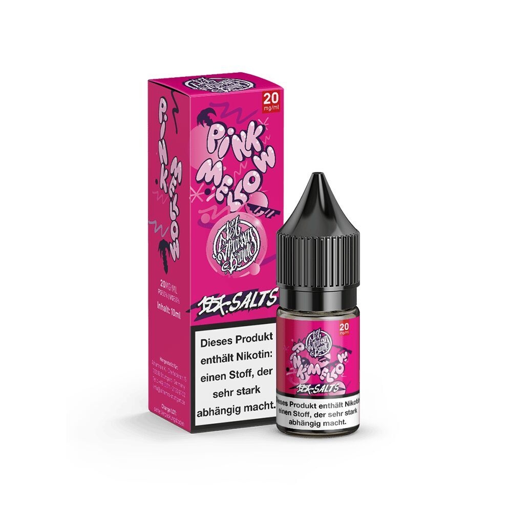 187 Strassenbande Liquid Pink Mellow 20mg Verpackung und Flasche mit Warnhinweis "Dieses Produkt enthält Nikotin" auf pinkfarbenem Hintergrund