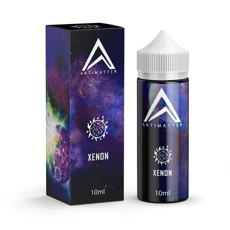 Aroma Xenon von Antimatter Antimatter Aroma Xenon Flasche und Verpackung in lila-blauem Design mit Logo und 10ml-Angabe sichtbar