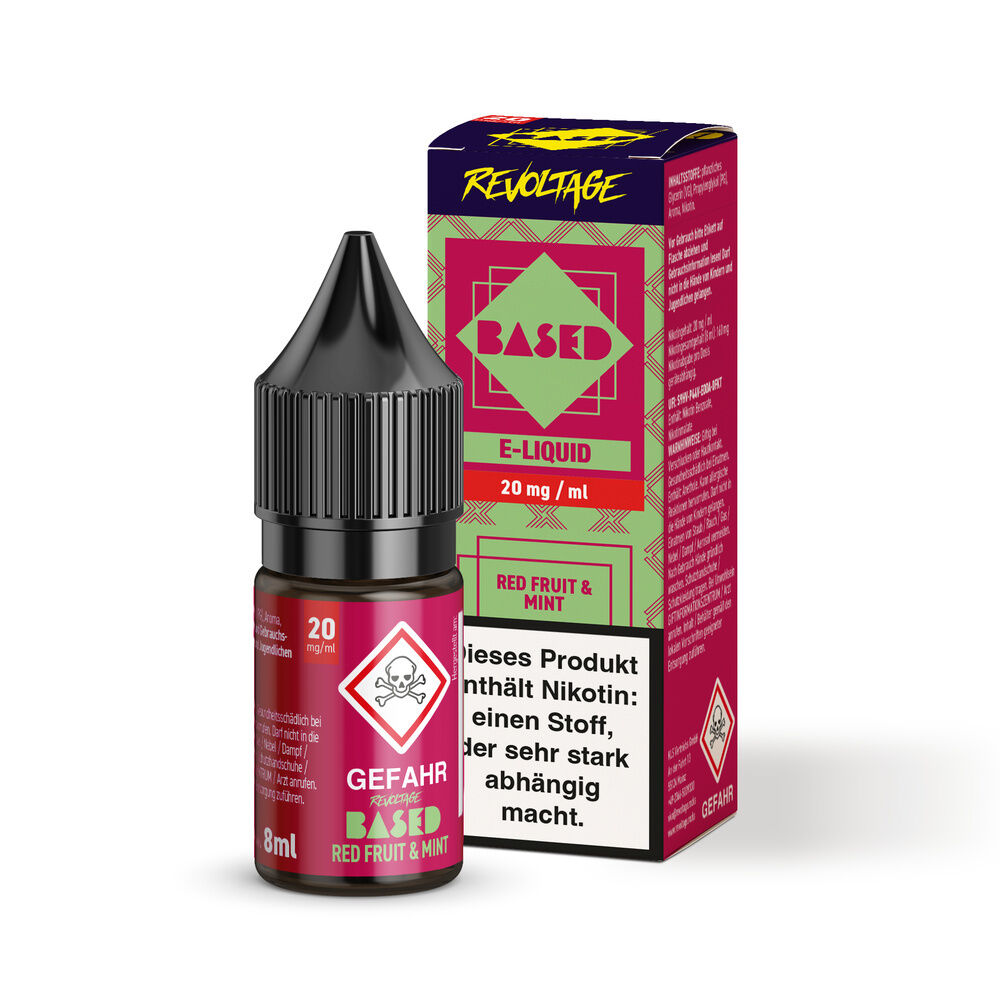 Revoltage Based Hybrid Liquid - Red Fruit Mint Flasche und Verpackung des Revoltage Based E-Liquids Red Fruit & Mint, 20 mg/ml, mit Warnsymbol und Nikotinwarnung.