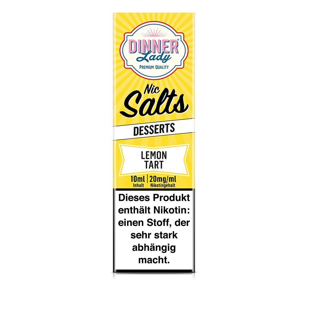 Dinner Lady Nikotinsalz Lemon Tart mit 10ml Inhalt und 20mg/ml Nikotingehalt, gelbes Etikett, Hinweis zur Nikotinsuchtgefahr.