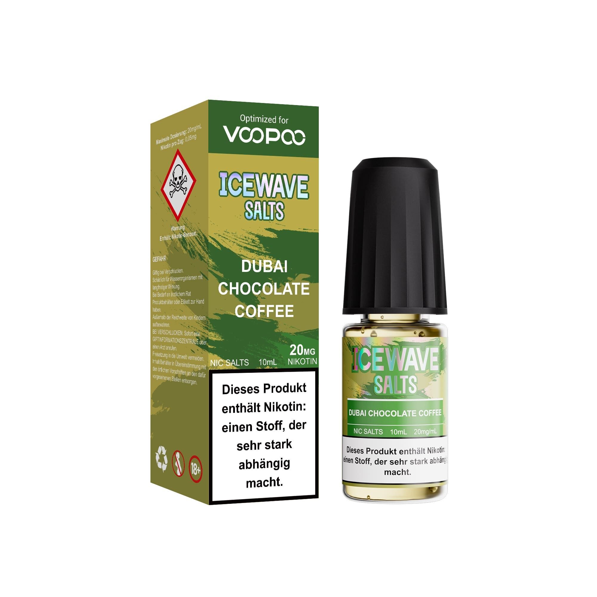 Icewave Nikotinsalz - Dubay Chocolate Coffee 20mg Flasche und Verpackung von Icewave Salts mit der Aufschrift Dubai Chocolate Coffee, Nikotinwarnung und Voopoo Branding
