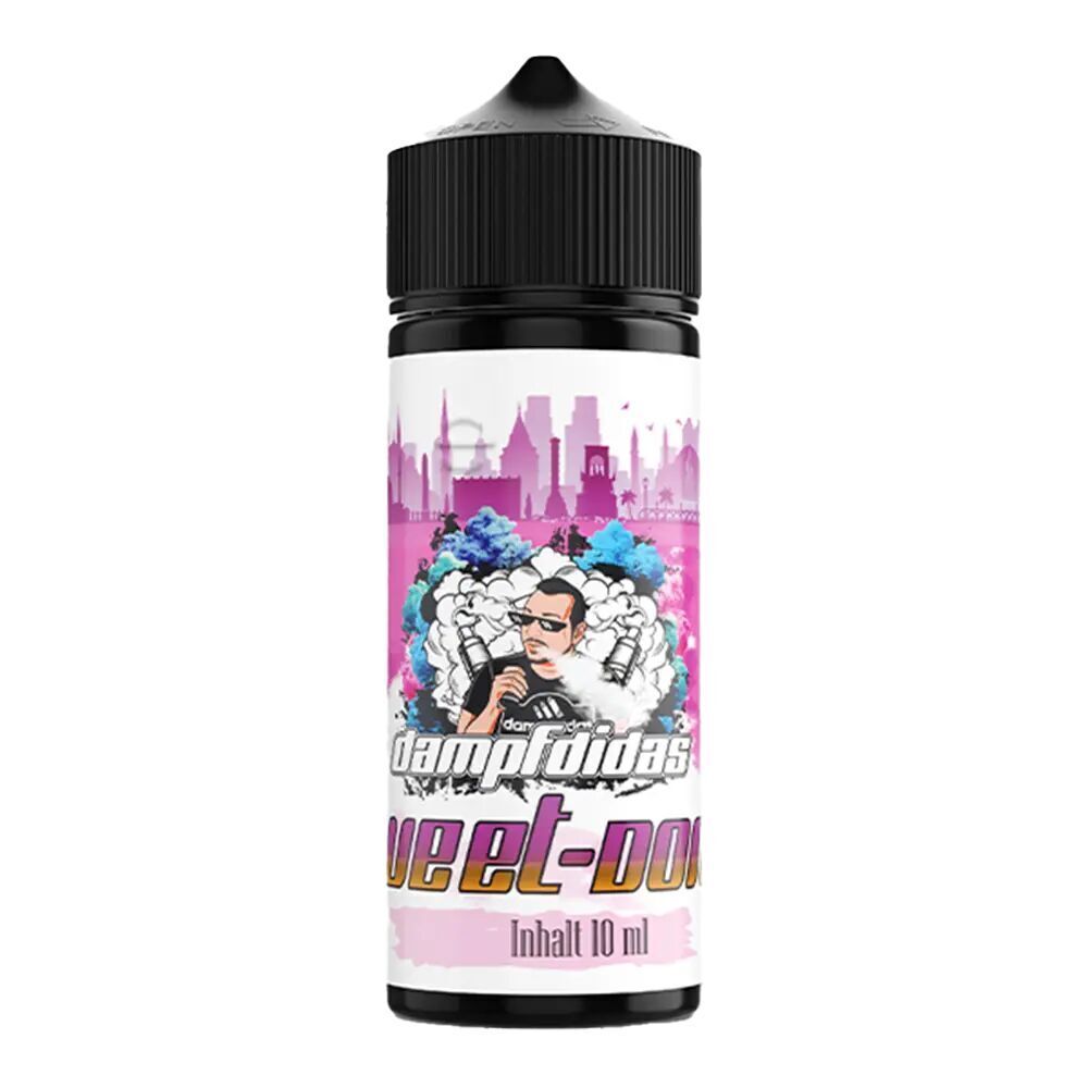 Flasche des Dampfdidas Aroma Sweet Donut mit buntem Etikett, das eine cartoonhafte Figur mit Sonnenbrille und Dampf zeigt, in 10 ml Größe