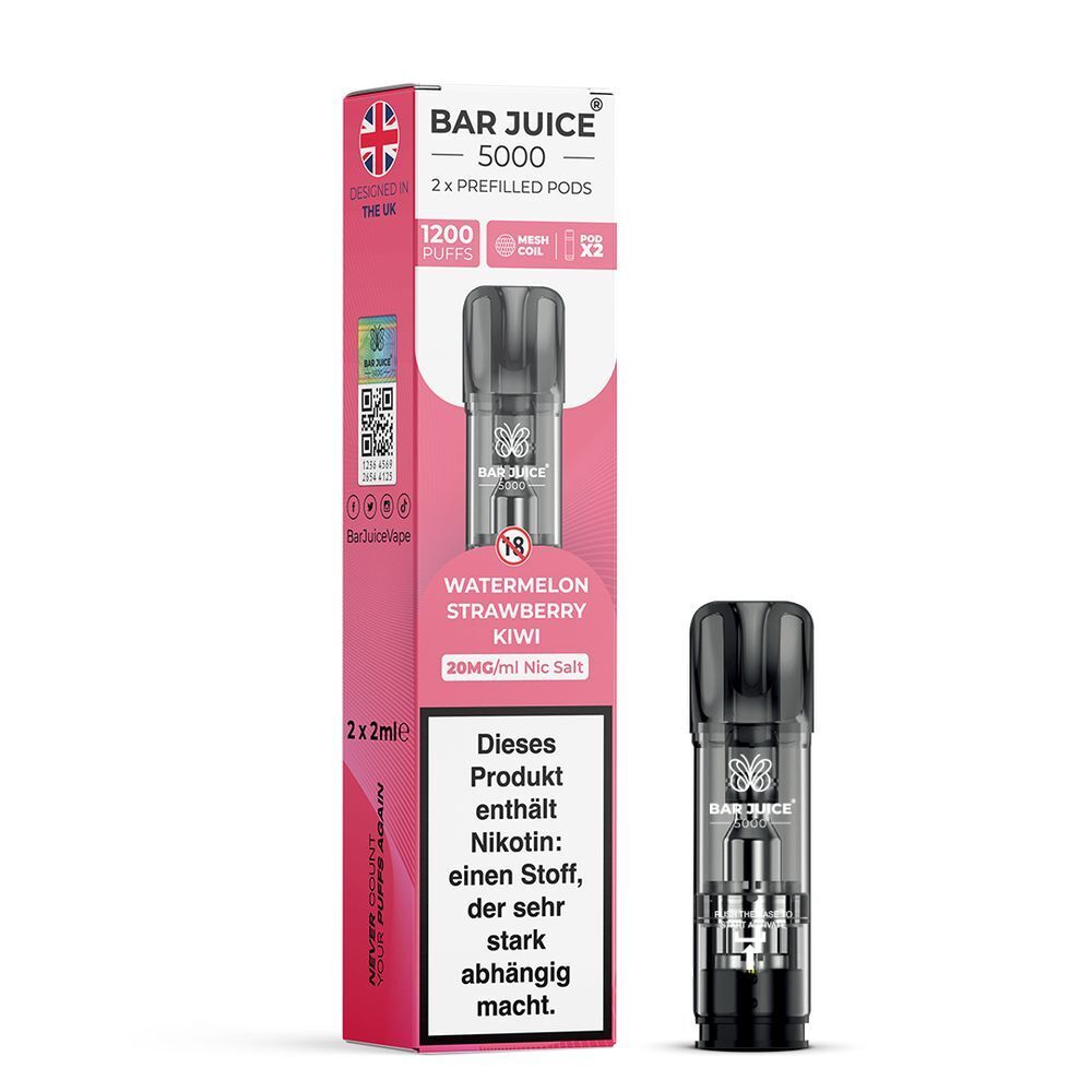 Watermelon Strawberry Kiwi 20mg - Bar Juice 5000 Pods Bar Juice 5000 Pods Watermelon Strawberry Kiwi 20mg zeigt zwei schwarze vorgefüllte Pods und eine Verpackung mit Nikotinwarnung.