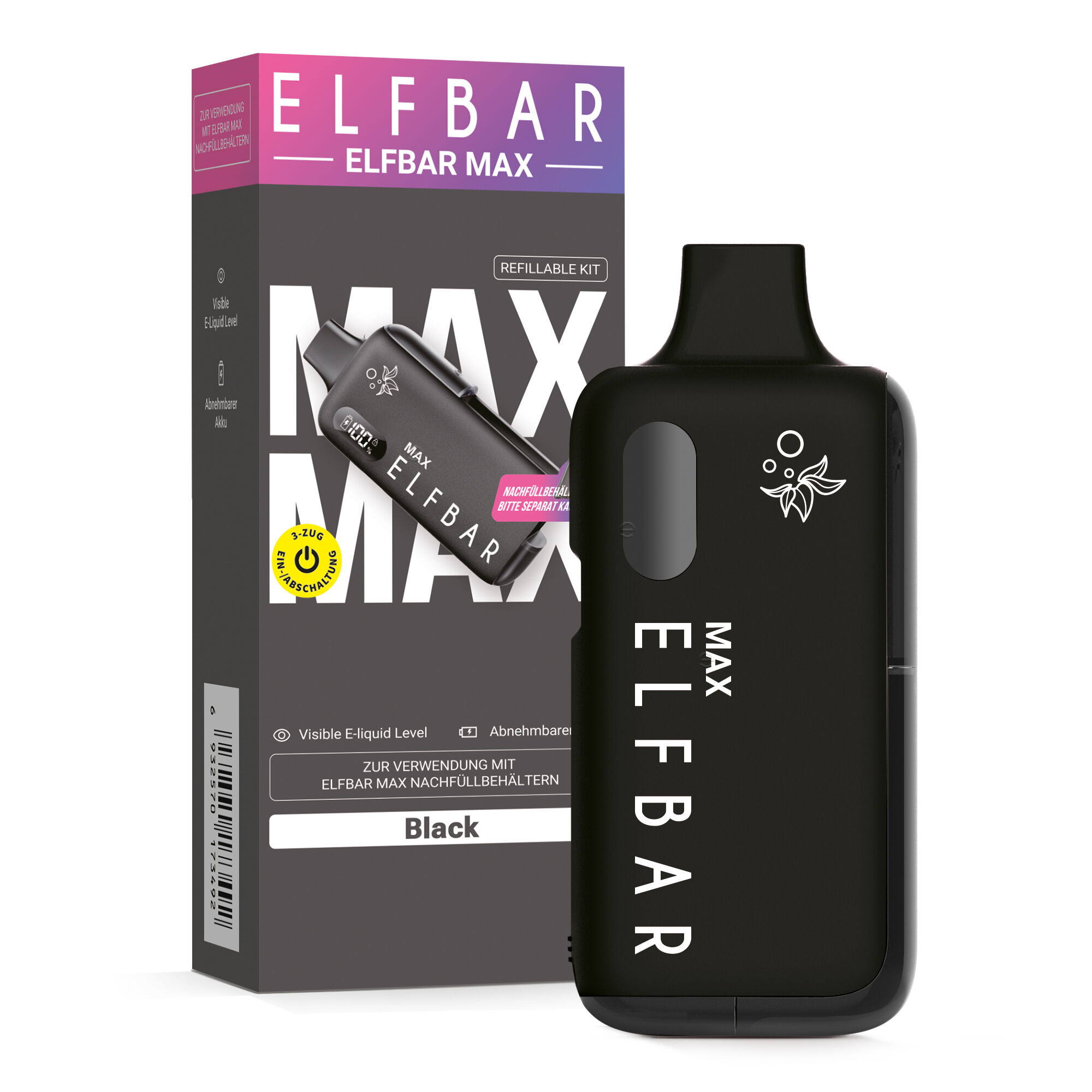 Elfbar Max Pod Kit - Black Elfbar Max Pod Kit - Black mit schwarzem Gehäuse, großen weißen Logo-Aufdrucken und Verpackung im Hintergrund.