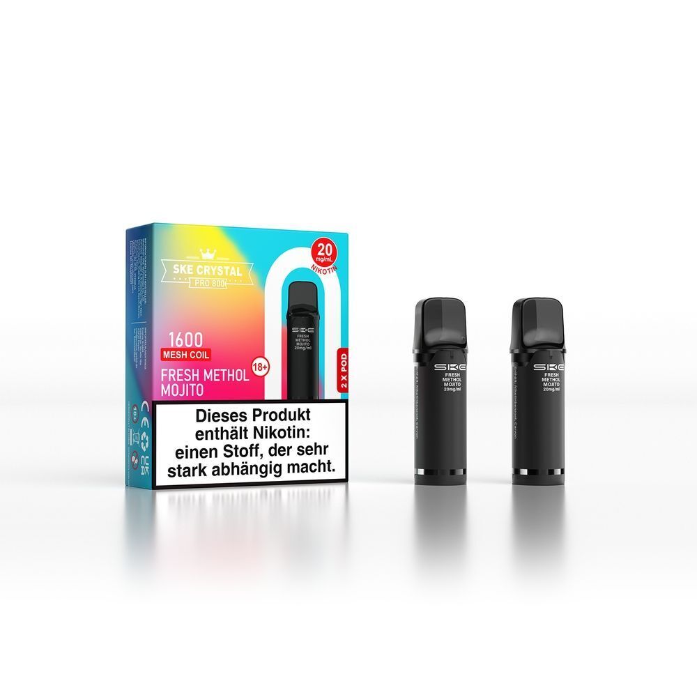 SKE Crystal 800 Pro Pods - Fresh Menthol Mojito Zwei schwarze SKE Crystal Pro Pods, Fresh Menthol Mojito 20mg, neben einer Verpackung mit Warnhinweis über Nikotingehalt.