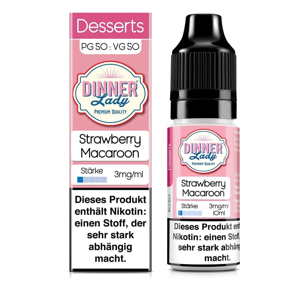 Liquid Strawberry Macaroon mit 3mg Nikotin von Dinner Lady Dinner Lady Liquid Strawberry Macaroon 3mg, Flasche mit schwarzem Verschluss und Verpackung mit Nikotinwarnung, 10ml Inhalt.