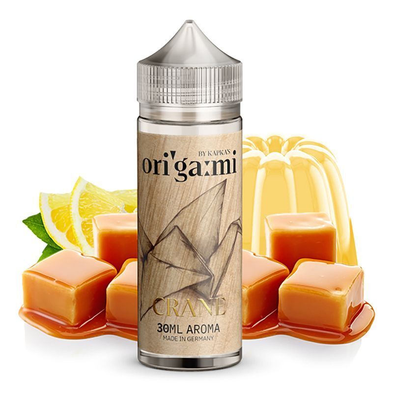 Aroma Origami Crane von Kapkas Kapkas Aroma Origami Crane 30ml Flasche vor Zitronenscheiben, Karamellstücken und einem gelben Gelee im Hintergrund