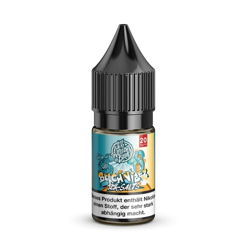 E-Liquid Flasche mit schwarzem Verschluss, Etikett zeigt "Beach Vibez 20mg" und eine Illustration; "187 Strassenbande" Branding.