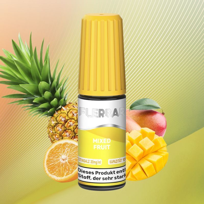 Liquid Mixed Fruit von Flerbar Flasche Flerbar Nikotinsalz Mixed Fruit mit gelbem Deckel, umgeben von Ananas, Orange, Mango und Text zur Nikotinstärke