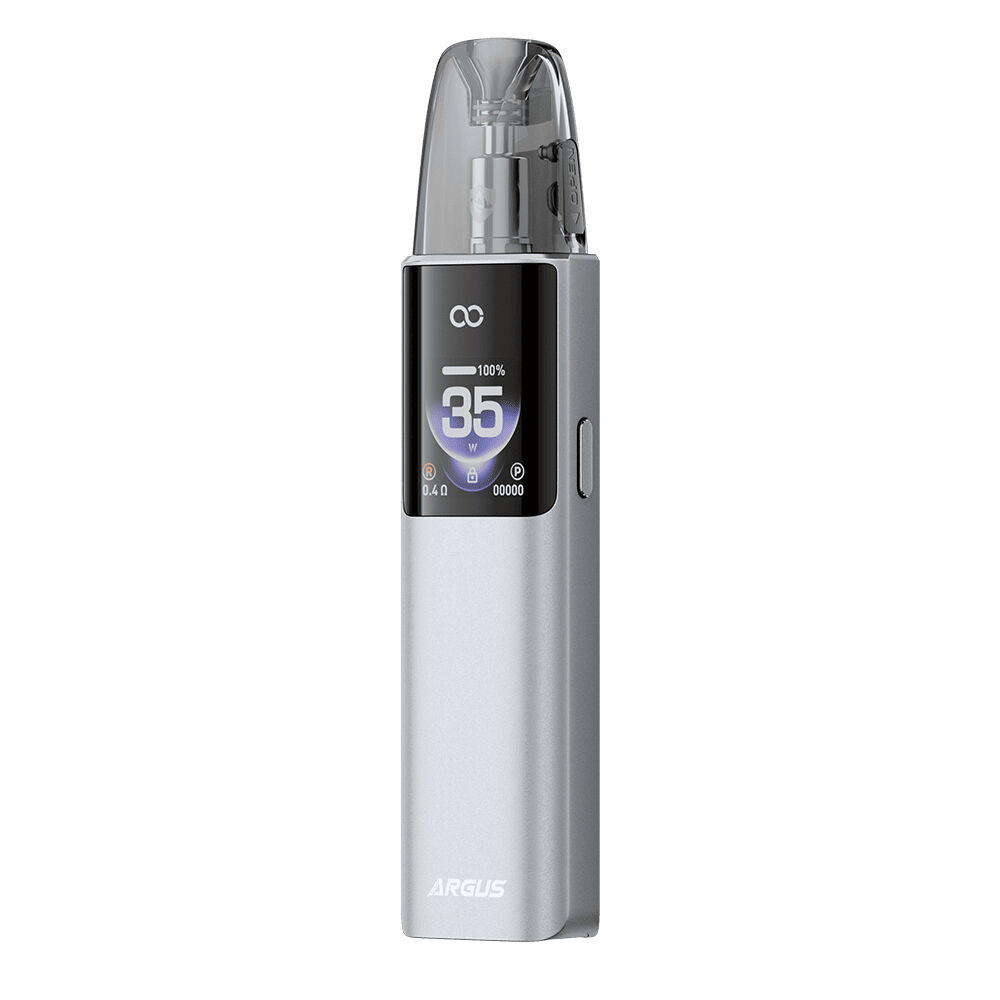 Voopoo Argus G4 Pod Kit Voopoo Argus G4 Pod Kit in Silber mit digitalem Display, zeigt 35W und Akkustand an, klarer Pod oben und Logo auf dem Gehäuse.