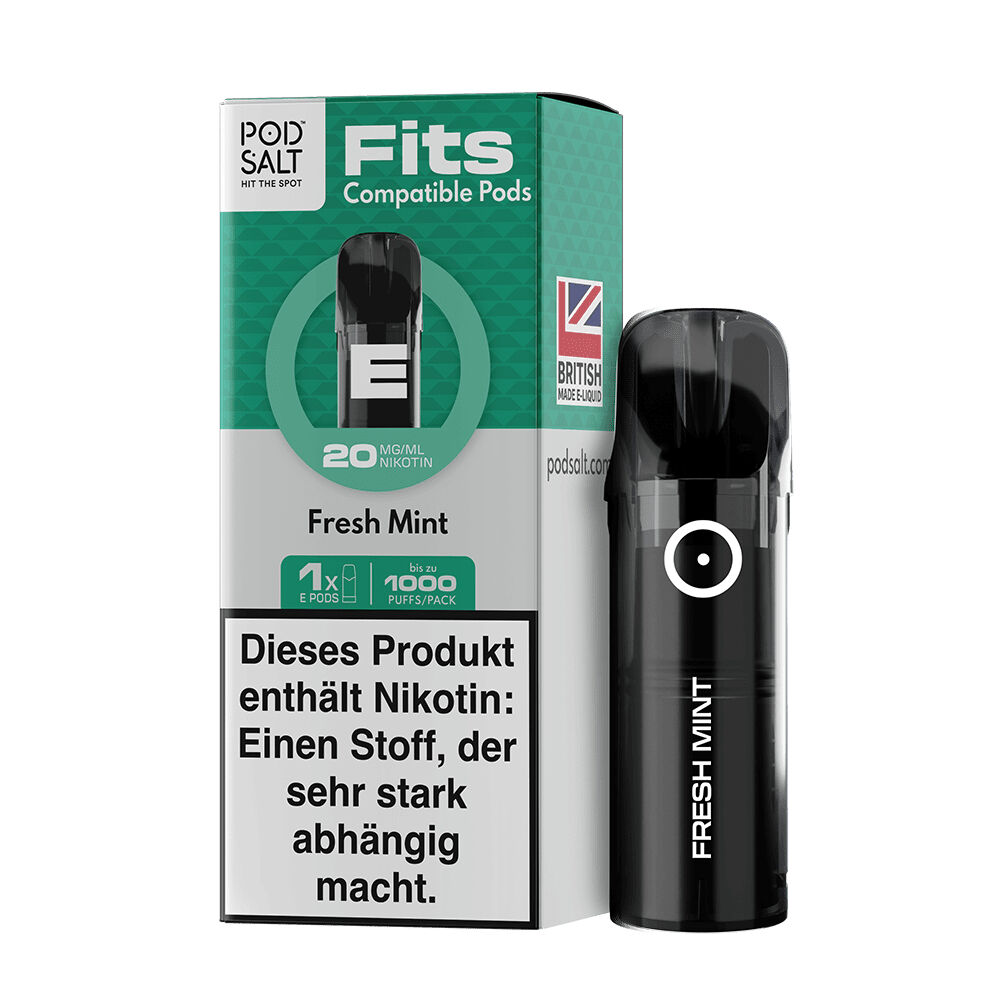 Pod Salt Fits Pods - Fresh Mint 20mg Pod Salt Fits Pods Fresh Mint 20mg Verpackung mit Aufschrift und schwarzer Vape-Pod, enthält Nikotin-Warnhinweis.