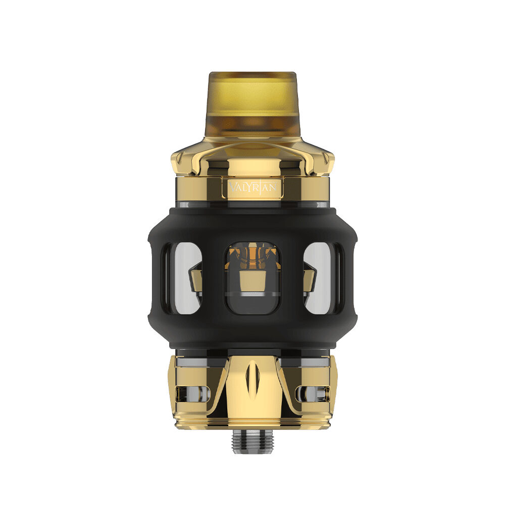 Uwell Valyrian 4 Tank Uwell Valyrian 4 Tank in Schwarz und Gold mit durchsichtigem Mittelteil und goldfarbenem Mundstück, Markenschriftzug sichtbar.