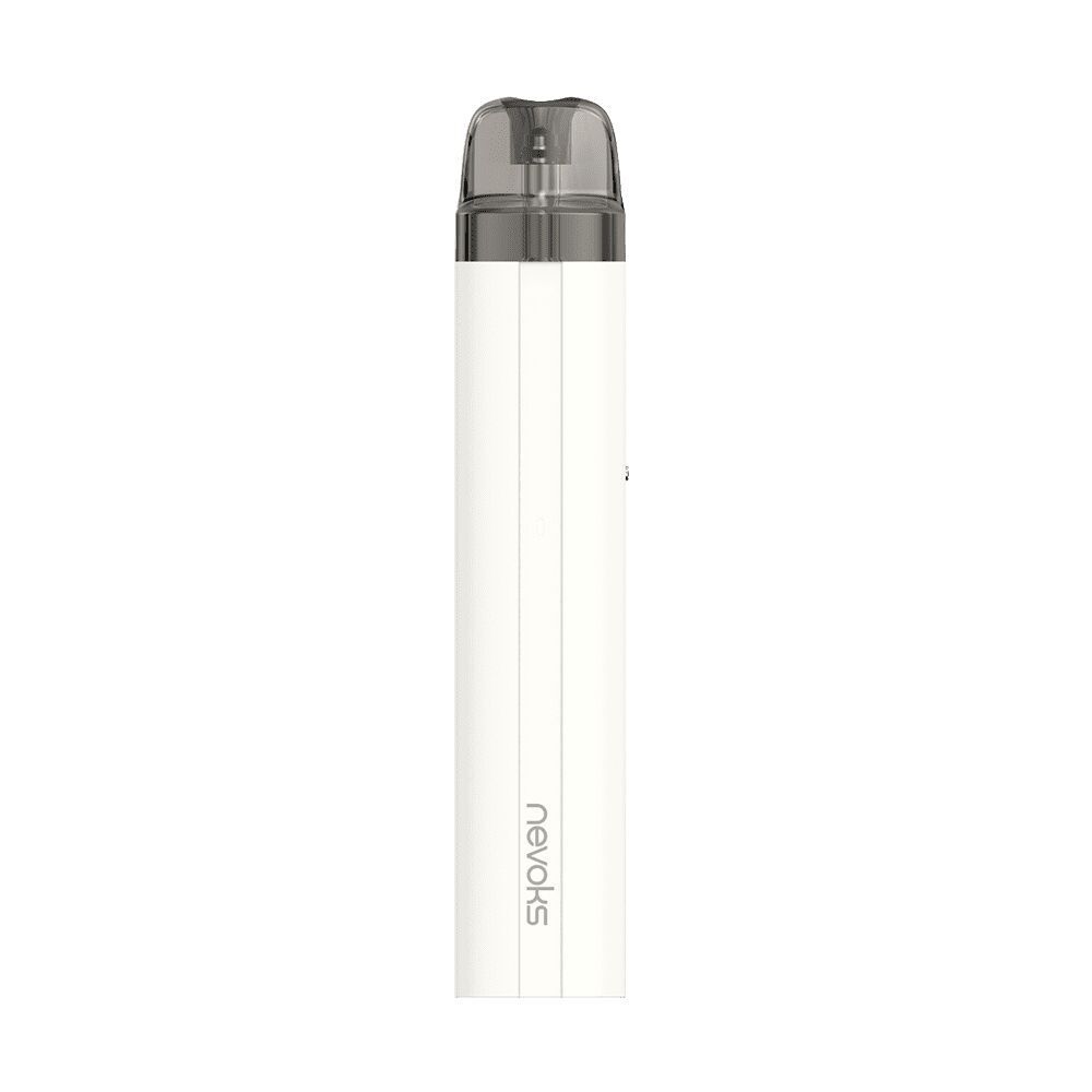 Nevoks Feelin AR Pod Kit Cream White mit schwarzem Mundstück und Markenaufdruck entlang der Seite, minimalistisch gestaltet auf weißem Hintergrund