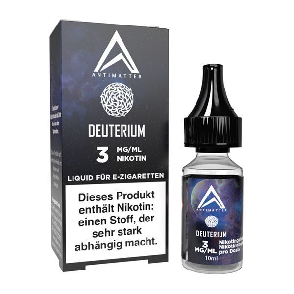 Liquid Deuterium mit 3mg Nikotin von Antimatter Antimatter Deuterium Liquid, 3 mg/ml Nikotin, 10 ml Flasche neben Schachtel mit Warnhinweis über Nikotinsucht
