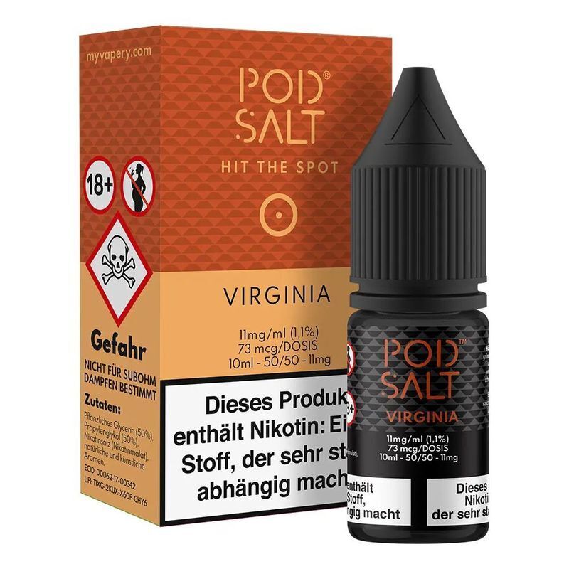 Liquid Virginia von Pod Salt Core Pod Salt Core Nikotinsalz Virginia, Flasche und Verpackung sichtbar, beide mit Warnhinweisen, enthält 11mg/ml Nikotin, ab 18 Jahre.