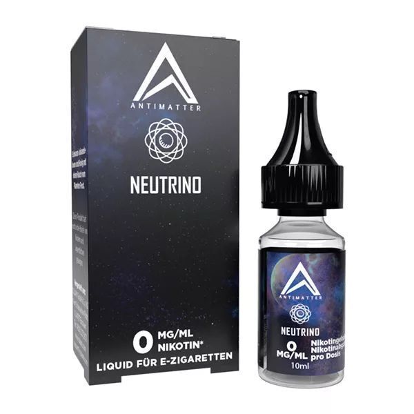 Liquid Neutrino von Antimatter Antimatter Liquid Neutrino für E-Zigaretten, 0 mg/ml Nikotin, Flasche und Verpackung mit Logo und Weltraumdesign
