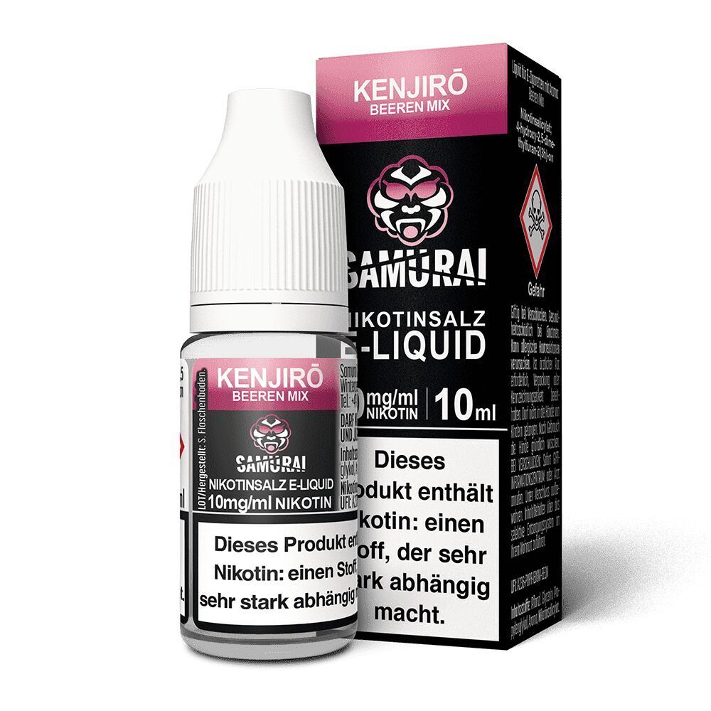 Liquid Kenjiro Beeren Mix 10mg - Samurai Flasche und Schachtel von Samurai Nikotinsalz Kenjiro Beeren Mix, 10 mg/ml Nikotin, mit Samurai-Logo und Warnhinweis.