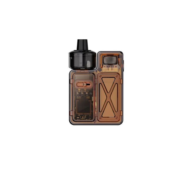 Uwell Crown M Pod Kit in der Farbe Brown Uwell Crown M Pod Kit in Braun, kompaktes Design mit durchscheinendem Gehäuse, schwarzem Mundstück und sichtbaren Innenkomponenten.