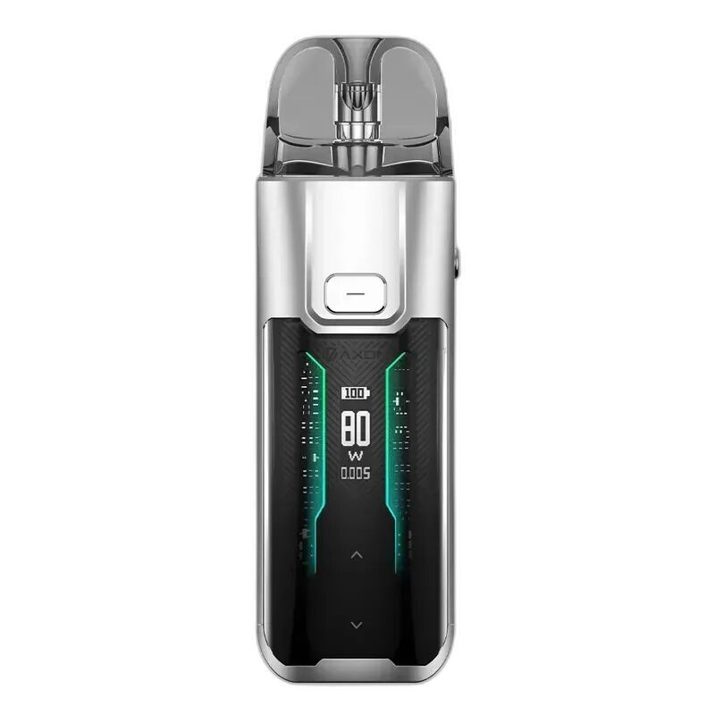 Vaporesso Luxe XR Max Pod Kit Silver Vaporesso Luxe XR Max Pod Kit Silver mit digitalem Display, zeigt 80 Watt, schwarze Vorderseite und transparentem Mundstück.