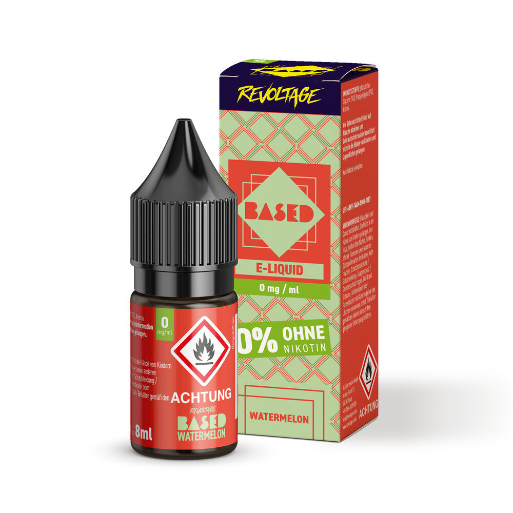 Revoltage Based Hybrid Liquid - Watermelon Revoltage Based Hybrid Liquid Watermelon, 8 ml Flasche, rote Verpackung mit Warnsymbol, nikotinfrei, 0 mg/ml
