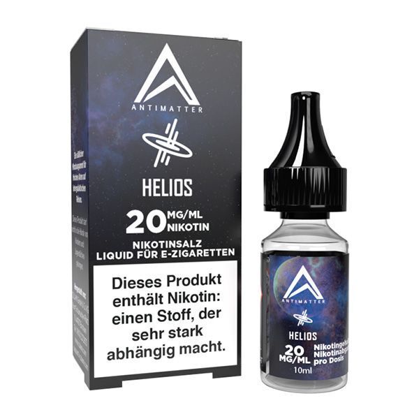 Liquid Helios mit 20mg Nikotin von Antimatter Antimatter Nikotinsalz Helios, 20mg Nikotin, E-Zigaretten-Liquid, schwarze Flasche und Verpackung, Text zu Nikotinsucht-Warnung sichtbar.