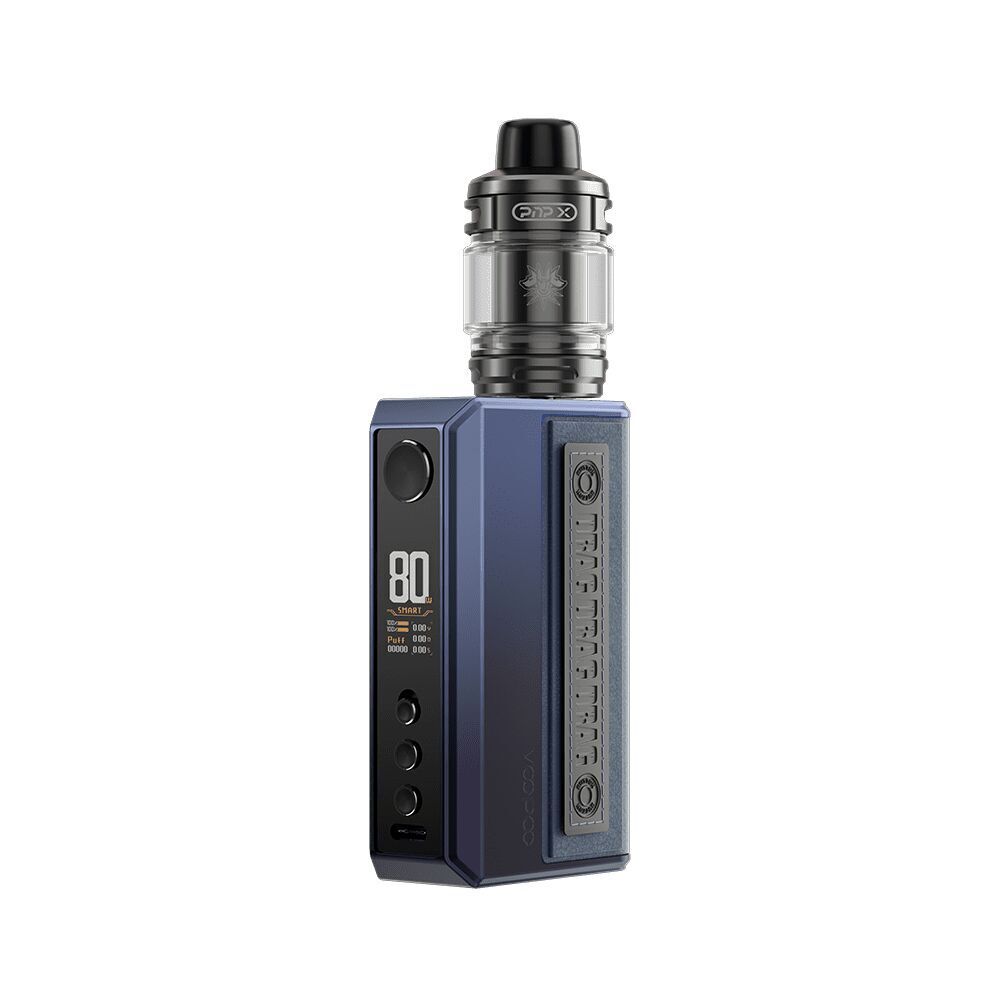 Voopoo Drag 5 Kit in der Farbe Gradient Blue Voopoo Drag 5 Kit in Gradient Blue, zeigt ein Display mit der Zahl 80, drei Knöpfe, ein modulares Design und einen gläsernen Tank oben.