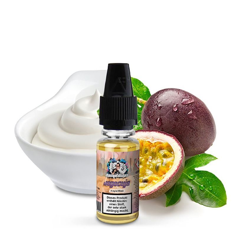 Liquid Jogocuja mit 10mg Nikotin von Dampfdidas Dampfdidas Nikotinsalz Jogocuja 10mg Flasche vor Schale mit Sahne und aufgeschnittener Passionsfrucht mit Blättern