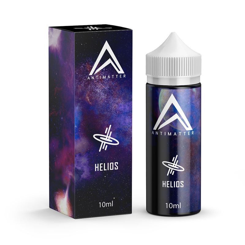 Aroma Helios von Antimatter Antimatter Aroma Helios Flasche und Verpackung mit lila-galaktischem Design und weißem Logo, 10 ml Text sichtbar.