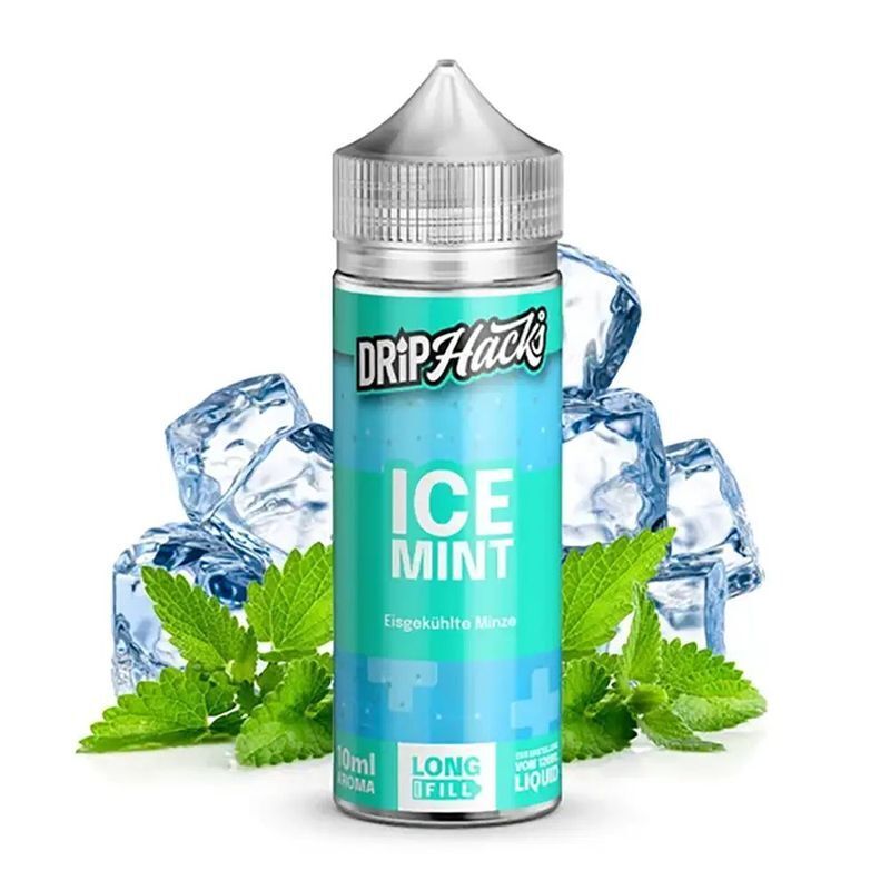 Aroma Ice Mint von Drip Hacks Drip Hacks Aroma Ice Mint Flasche mit blauer Verpackung und Beschriftung umgeben von Eiswürfeln und grünen Minzeblättern