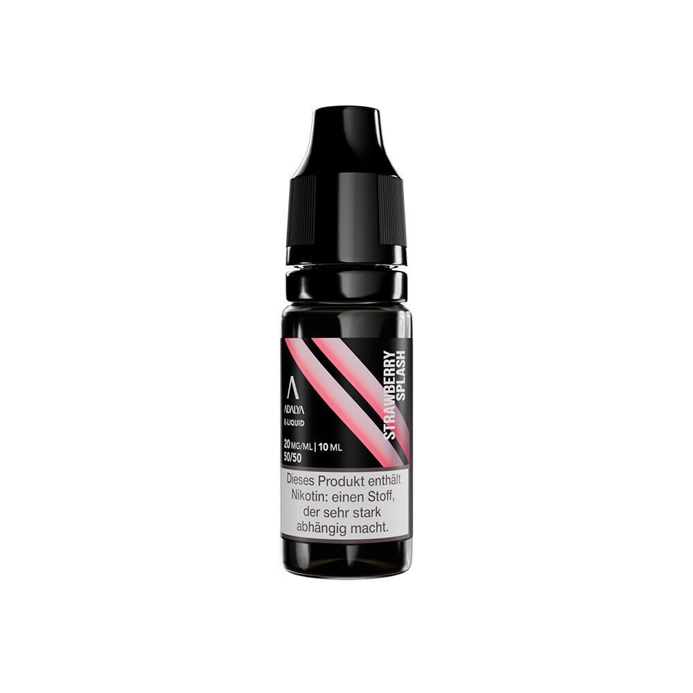 Liquid Strawberry Splash 20mg - Adalya Nikotinsalz Adalya Nikotinsalz Strawberry Splash Flasche, schwarzer Deckel, rosa Etikett, 20mg Nikotin, Warnhinweis auf Abhängigkeit.