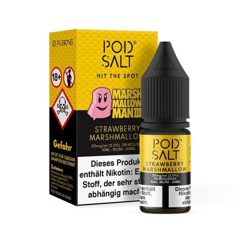 Liquid Marshmallow Man III mit 20mg Nikotin von Pod Salt Fusion Pod Salt Fusion Nikotinsalz Marshmallow Man III E-Liquid Flasche und Verpackung in Gelb mit Warnhinweisen und Gefahrenpiktogrammen