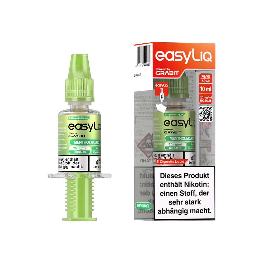 Grabit EasyLiQ Liquid - Menthol Mojito 20mg Grabit EasyLiQ Menthol Mojito E-Liquid 20mg, grüne Flasche mit Spritze, Nikotin-Warnhinweis auf Verpackung