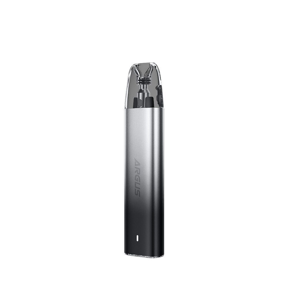 Voopoo Argus G2 Mini Pod Kit in Moonlit Gray, schlanker silberner Körper mit durchsichtigem oberen Bereich und sichtbarer Schriftzug "Argus"