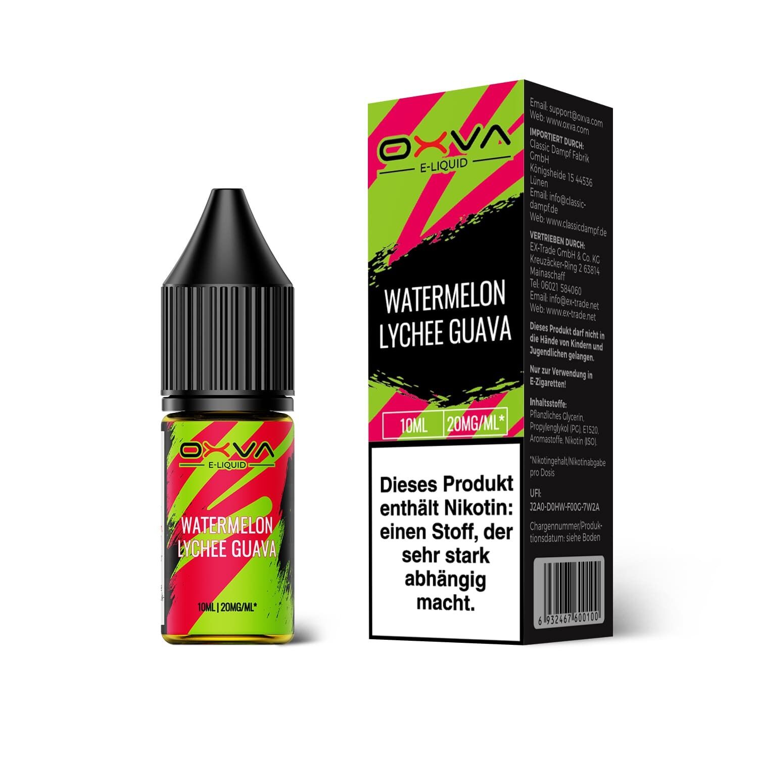 Liquid Watermelon Lychee Guava mit 20mg Nikotin von Oxva Oxva Nikotinsalz-Flasche und Verpackung mit Watermelon Lychee Guava Aroma, 20mg Nikotin, schwarz-rote-grüne Farbe, Warnhinweis sichtbar.