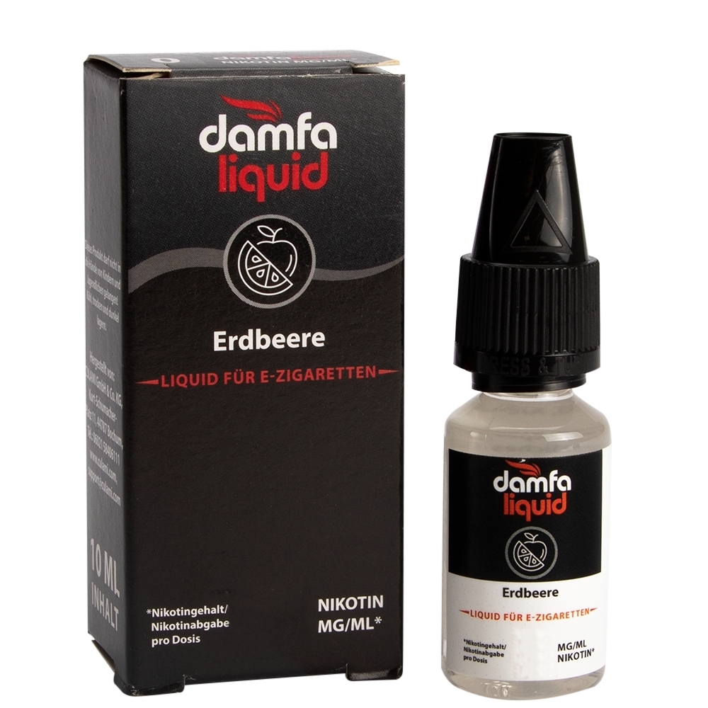 Damfaliquid Liquid Erdbeere 3mg, schwarzer Karton mit Flasche, Aufschrift "Liquid für E-Zigaretten", Aroma Erdbeere, Nikotinanteil sichtbar.