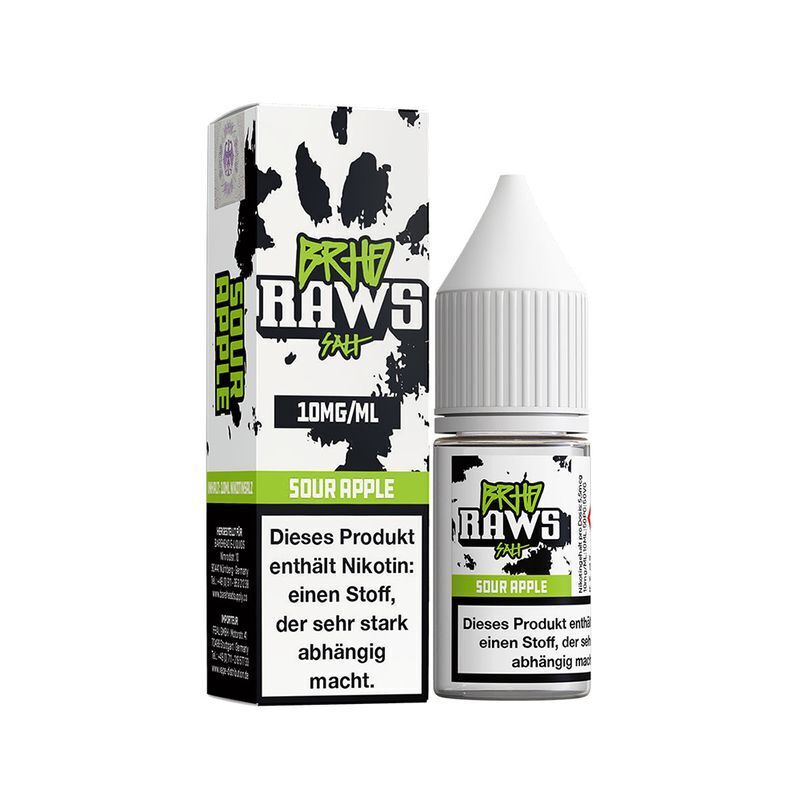 BRHD Nikotinsalz - Sour Apple BRHD Nikotinsalz Sour Apple Flasche und Schachtel, 10mg/ml, mit Warnhinweis über Abhängigkeitspotential durch Nikotin.
