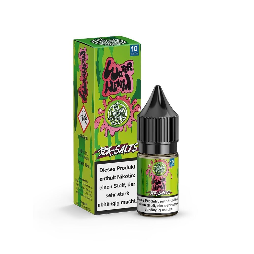 E-Liquid-Flasche mit schwarzem Verschluss neben einer grünen Verpackung mit der Aufschrift "Watermelon" und Nikotin-Warnhinweis.