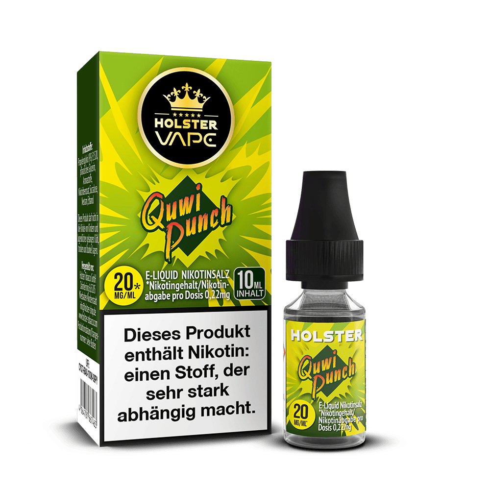 Holster Nikotinsalz Quwi Punch 20mg E-Liquid mit 10ml Inhalt, grüne Verpackung und Flasche mit Warnhinweis zu Nikotinabhängigkeit